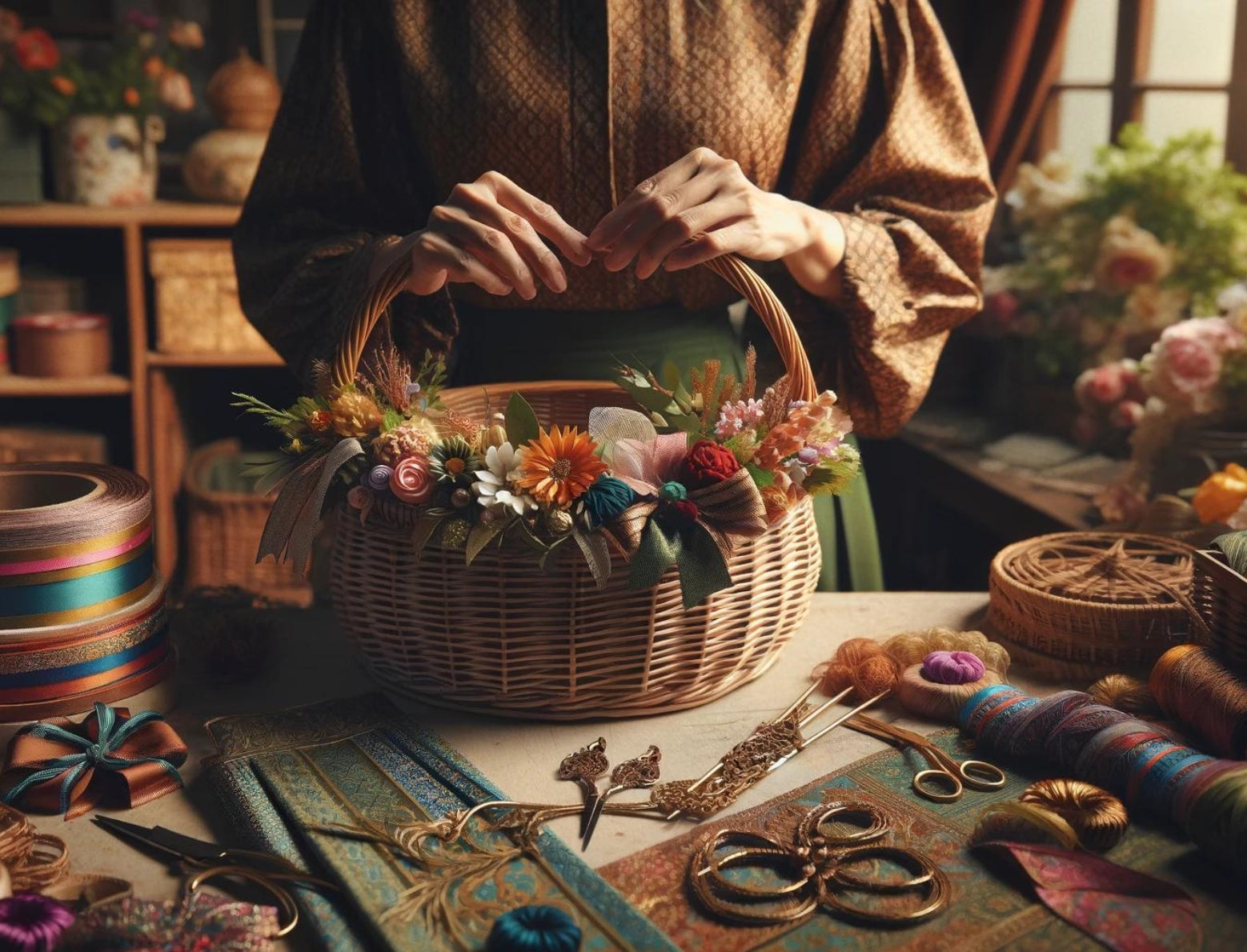 Petit Panier En Osier Multicolore Avec Boutons Divers - Occasion, Bon état, Fabriqué En France, Pour Artisanat